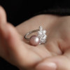 Natural freshwater pearl ring for women, purple round zircon leaf, elegant and high-end ring
