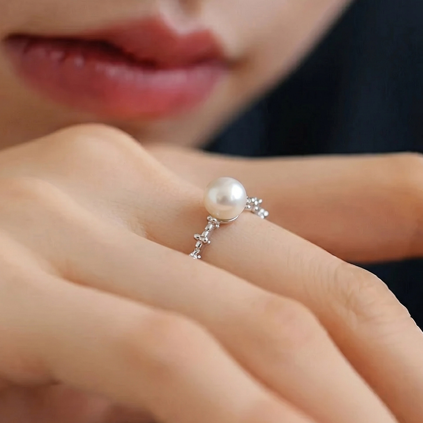Natural freshwater pearl ring for women, perfectly round, sparkling, gentle and versatile, adjustable open ring