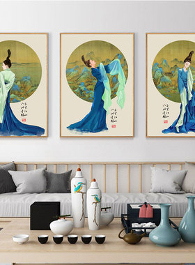 茶馆办公室装饰画千里江山美女挂画玄关意境画包厢氛围壁画新中式