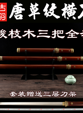 龙泉古羽唐草纹唐横刀花纹钢黑檀木酸枝木长短直刀收藏套刀剑未开