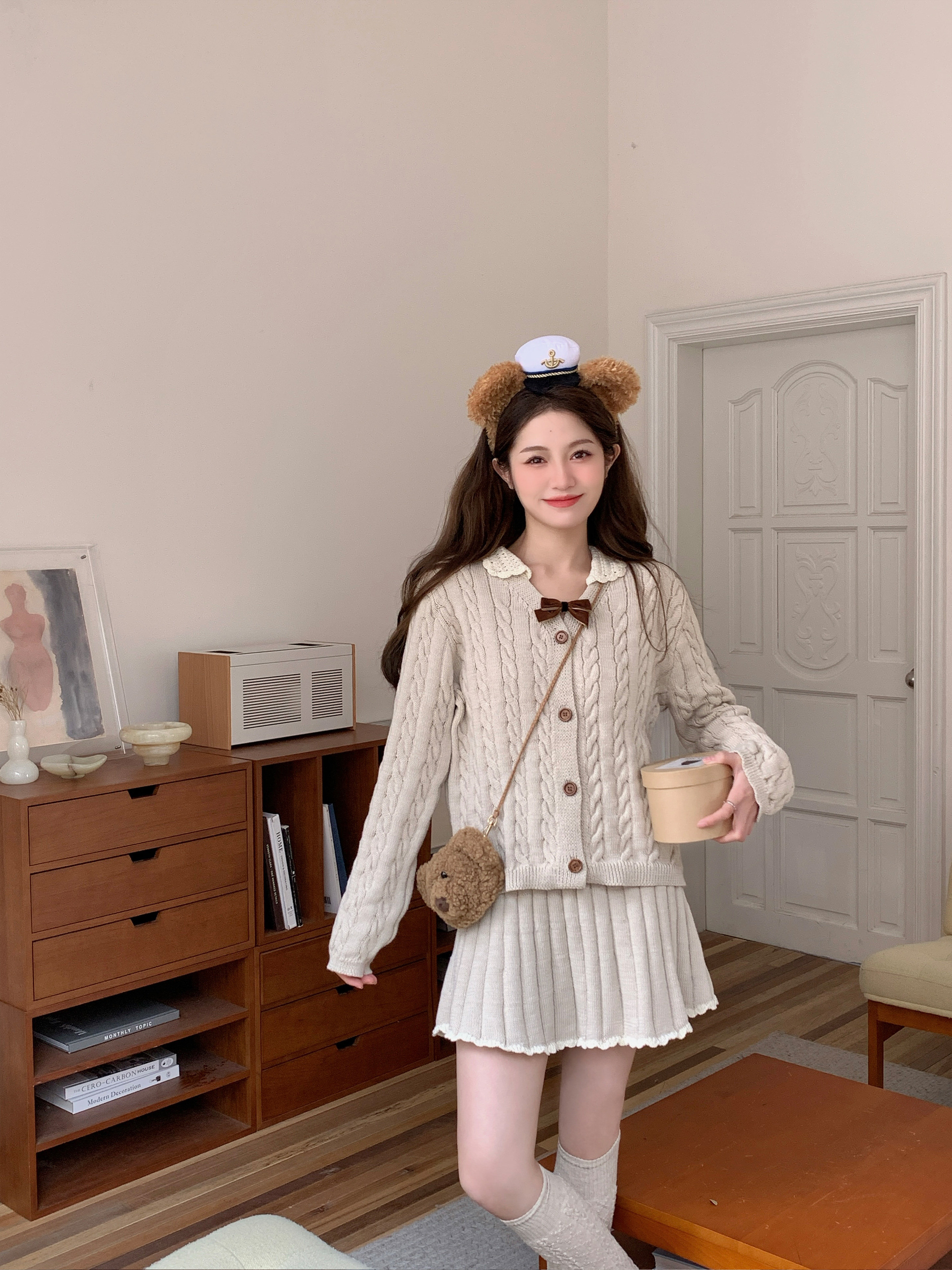 FF BLUE  枫糖拿铁 燕麦色麻花开衫针织阔腿裤百褶半裙三件套装,淘宝优惠券,粉丝福利购,淘宝优惠卷