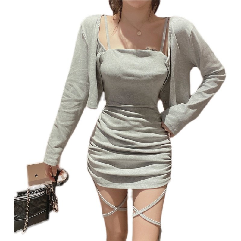 早秋新款抽绳包臀露腰连衣裙+外搭短款吊带裙轻熟御姐风两件套女,淘宝优惠券,粉丝福利购,淘宝优惠卷