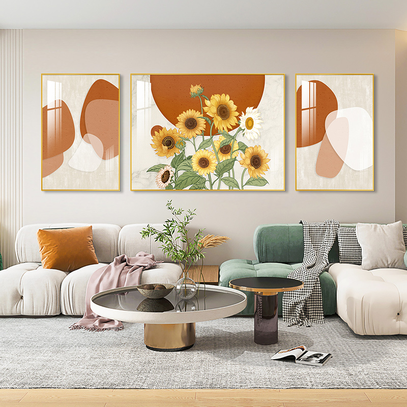 网红欧迪客北厅装莫饰画简兰约气三联沙发大背景墙挂画抽象向日葵