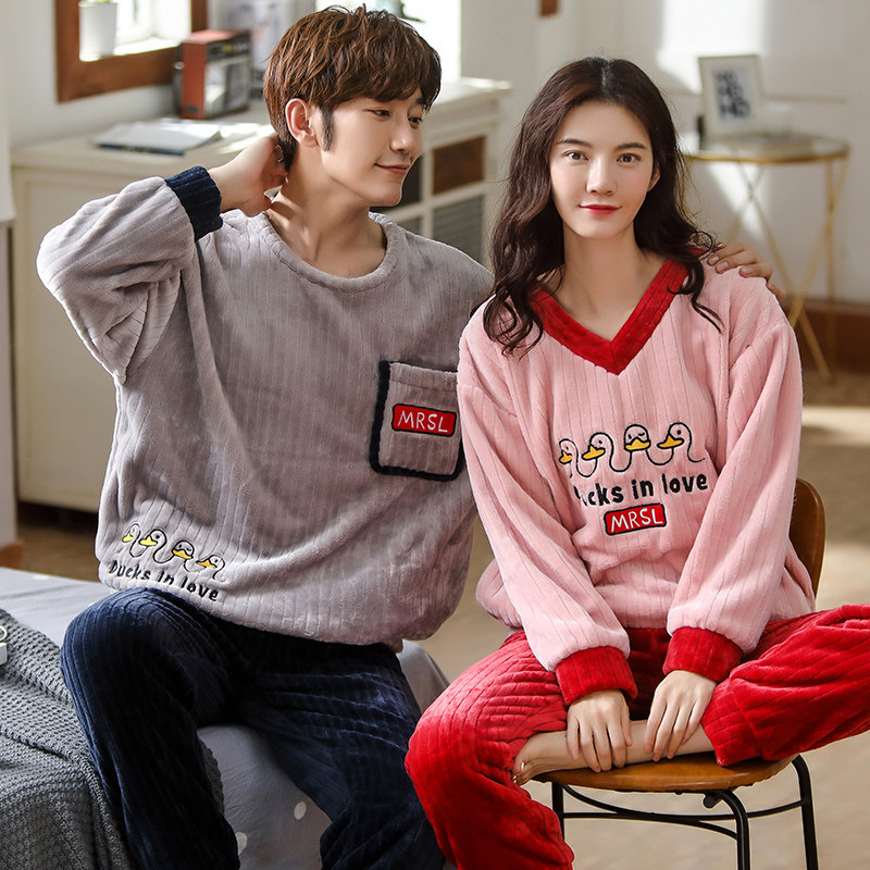 珊瑚绒情侣女士男士加绒秋冬款睡衣 卡西奴服饰睡衣/家居服套装