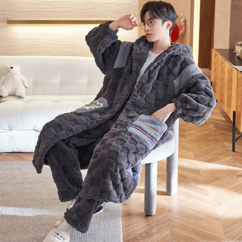 男士秋冬款加厚加绒长款珊瑚绒睡袍 卡西奴服饰睡衣/家居服套装
