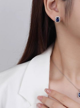 欧美风镶嵌项链女不掉色简约经典长方锆仿真蓝吊坠