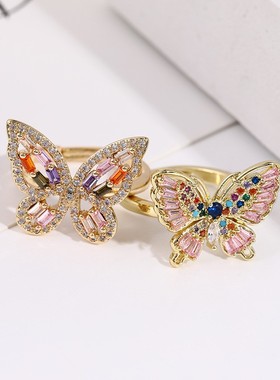 创意镂空蝴蝶装饰时尚镶细钻彩色蝴蝶装饰女式个性高级气质感戒指