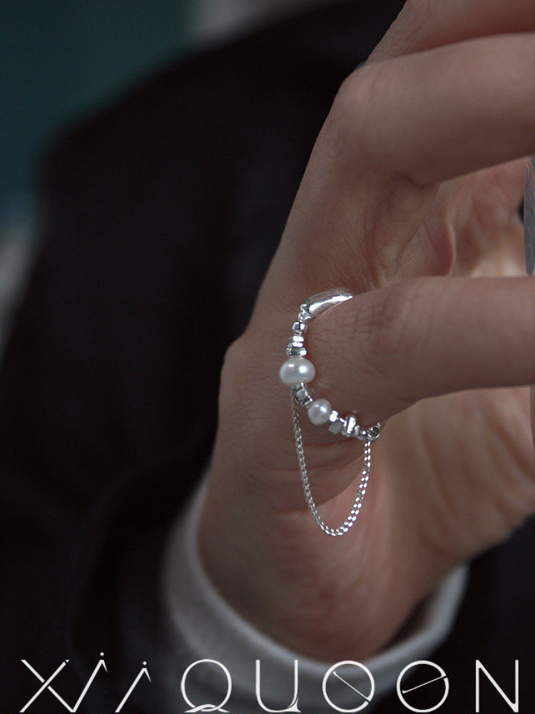 Xii定制款碎银甜酷风天然淡水珍珠纯银链条戒指开口可调节指环男 - 图2