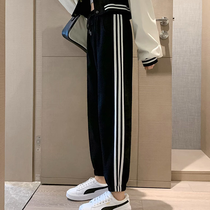 灰色美式运动裤男女士新款春秋季二三杠条纹休闲宽松阔腿束脚卫裤,淘宝优惠券,粉丝福利购,淘宝优惠卷