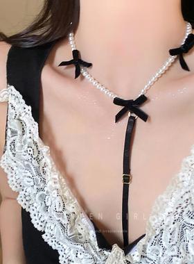 纯欲狙击~黑色蝴蝶结珍珠T字项圈锁骨链项链甜酷风辣妹脖颈链配饰