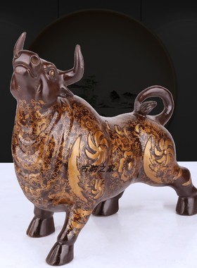 古韵之家黄铜印花牛铜牛摆件