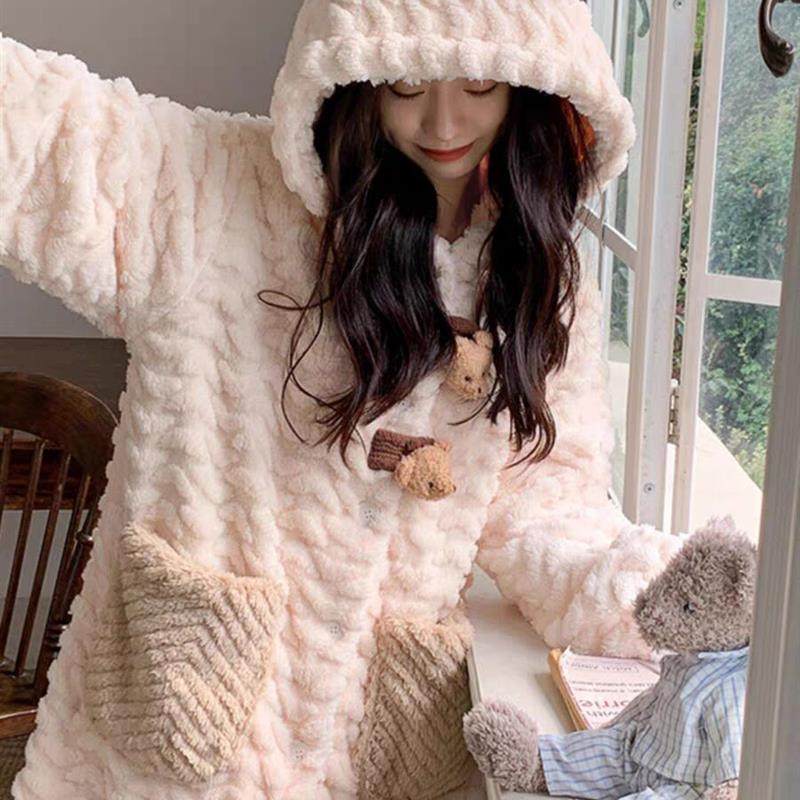 睡袍女2025新款秋冬季珊瑚绒加厚连帽浴袍长款睡衣女家居服款睡裙,淘宝优惠券,粉丝福利购,淘宝优惠卷