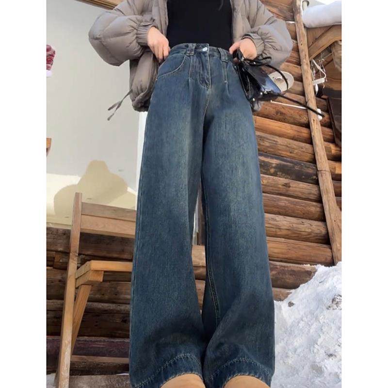 覆古蓝加绒加厚直筒牛仔裤女秋冬新款胖mm梨型身材高腰显瘦阔腿裤,淘宝优惠券,粉丝福利购,淘宝优惠卷