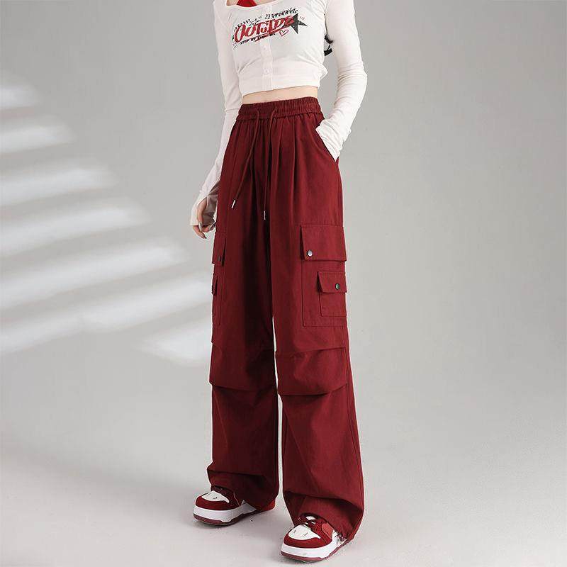 美式红色阔腿工装裤女春季2025新款宽松束脚运动休闲裤子,淘宝优惠券,粉丝福利购,淘宝优惠卷