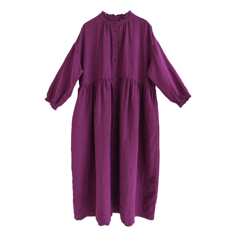 滋原创夏季砂洗工艺纯亚麻连衣裙显白萸紫色高腰褶皱宽松长裙终于