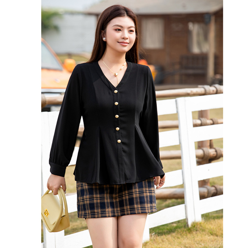 2024早秋装新款气质百搭大码显瘦上衣女胖MM宽松遮肉长袖黑色衬衫,淘宝优惠券,粉丝福利购,淘宝优惠卷