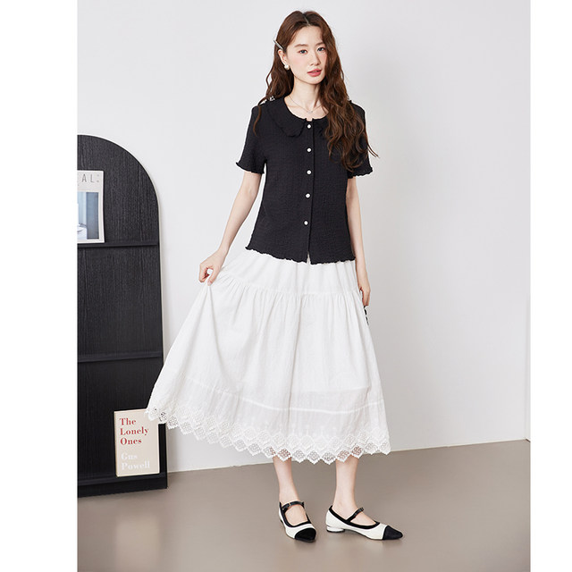 Qisao Women's Large Size Mid-Length Jacquard Lace Skirt 2025 Summer New Style Covering White Skirt