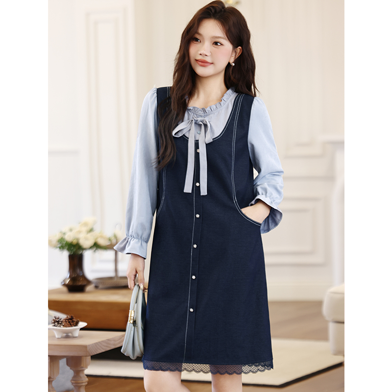 大码女装秋冬装新款显瘦胖妹妹直筒遮肉显瘦百搭长袖假两件连衣裙 - 图0