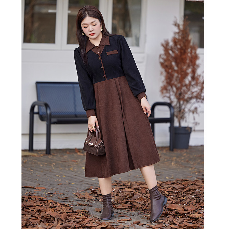 大码女装2025秋冬新款气质收腰显瘦胖妹妹长裙假两件套磨毛连衣裙,淘宝优惠券,粉丝福利购,淘宝优惠卷