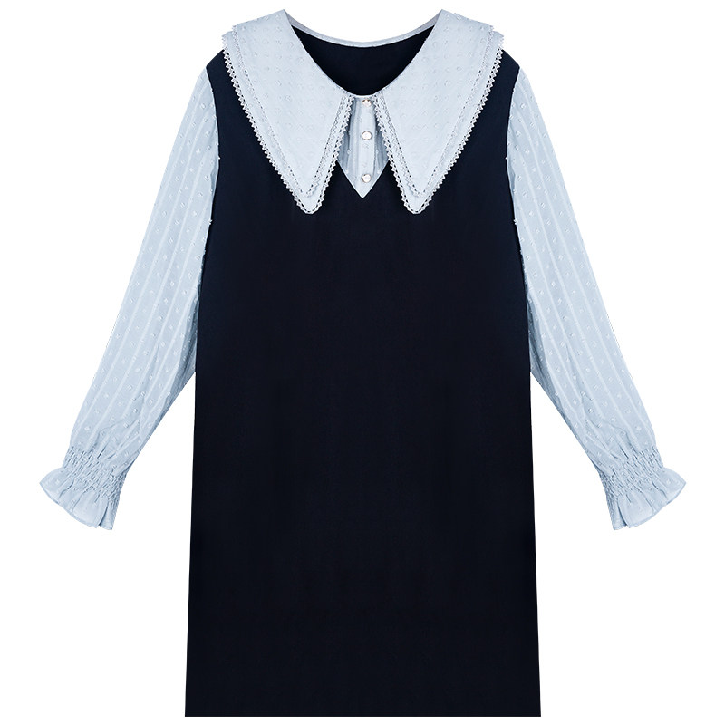 2020秋装新款长袖翻领拼接连衣裙 绮娑女装大码女装