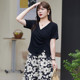 2024 new big size irregular V -neck wrinkles, shoulder shoulder T -shirt female summer micro MM black short sleeve waist top