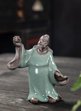 陶瓷精品哥窑牧童棋圣茶宠茶玩可养创意开片功夫茶盘茶具茶台摆件