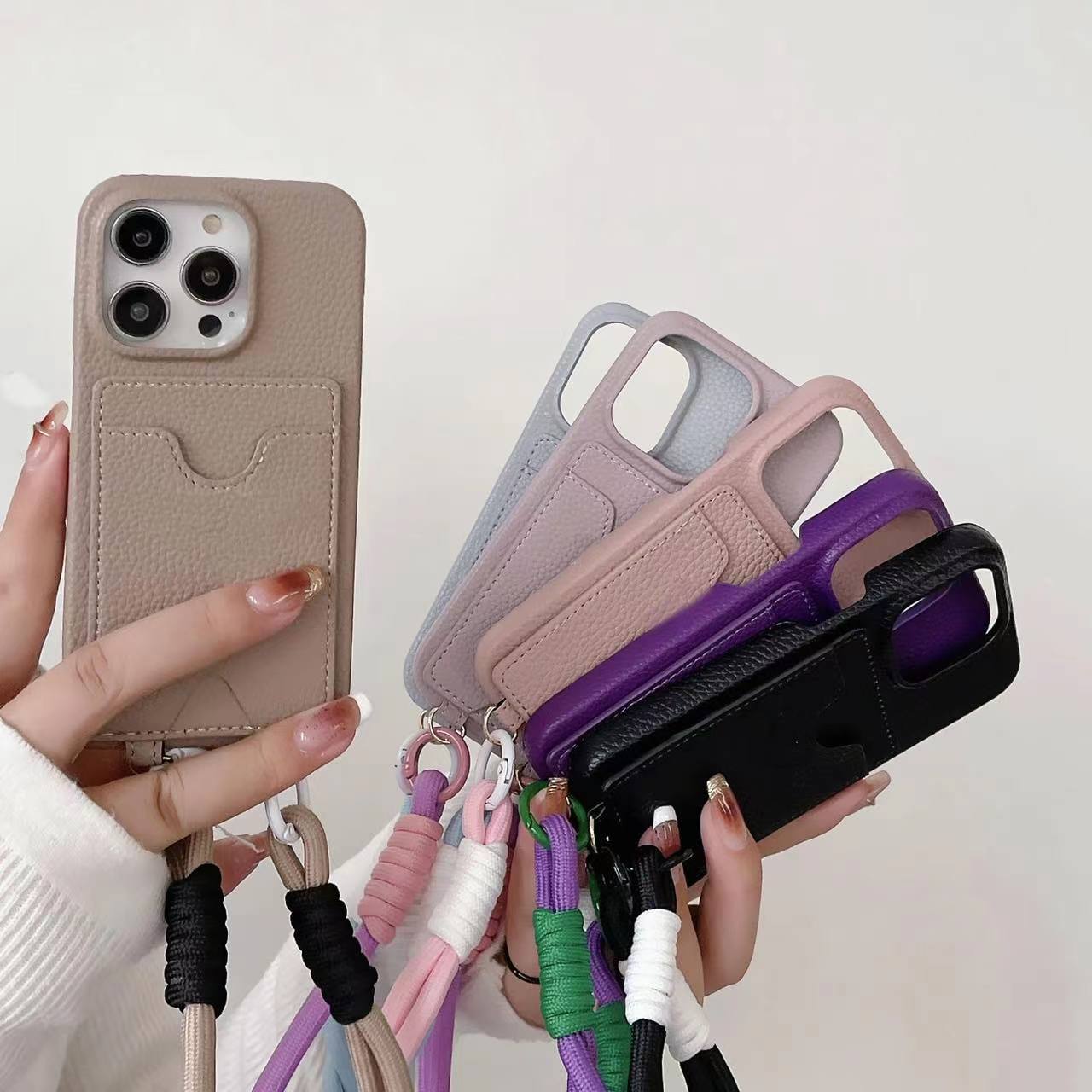 个性撞色编织挂绳适用苹果14promax手机壳iphone15插卡卡包11软壳xsmax简约12pro双挂孔保护套78plus腕带手提