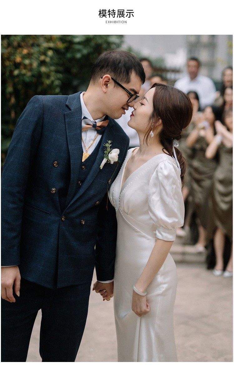 2023新款法式森系轻婚纱超仙甜美户外婚礼出门纱白色缎面迎宾礼服_虎窝淘