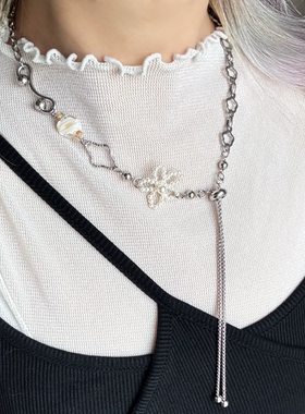 日韩系ins风串珠花朵螺旋抽拉调节项链小众设计甜酷y2k复古叠戴