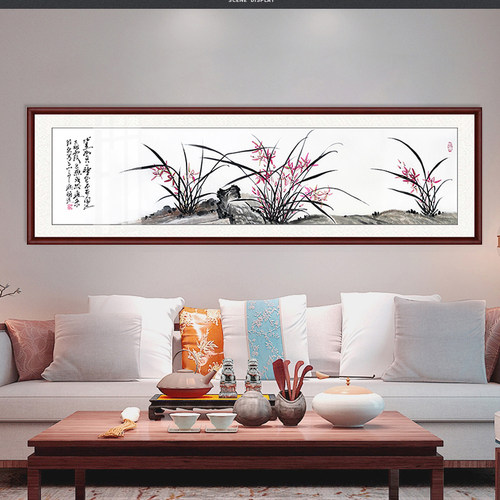 手绘中国画卧室床头客厅茶社酒店书房镜框装裱横幅对开兰花兰石图 - 图1