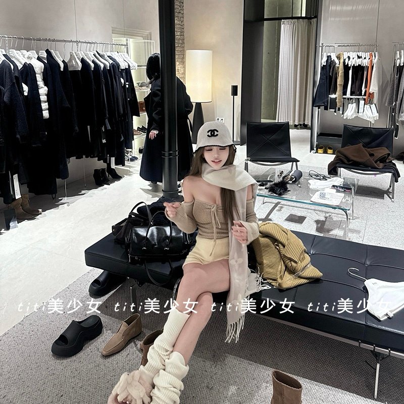 【TiTi美少女】纯欲性感镂空针织衫一字抹胸露肩袖套修身打底上衣,淘宝优惠券,粉丝福利购,淘宝优惠卷