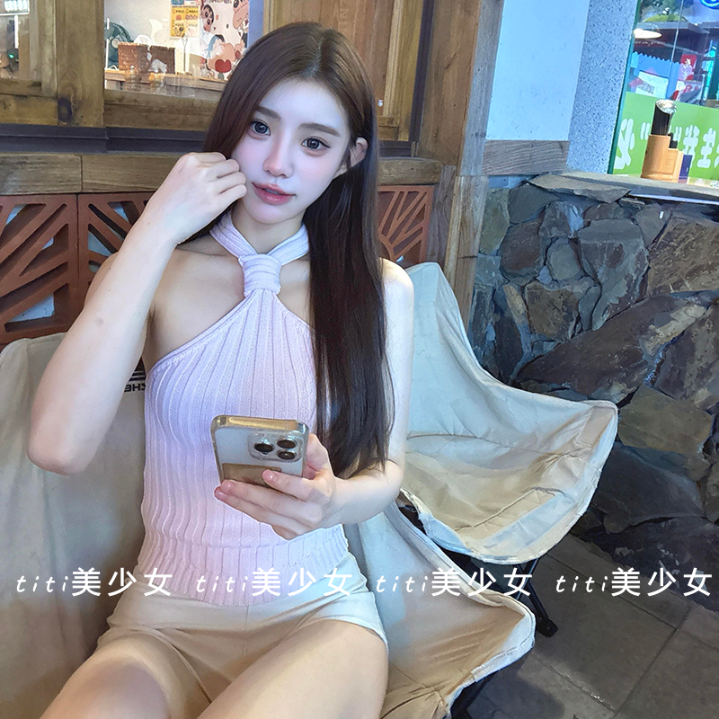 【TiTi美少女】纯欲风粉色针织挂脖吊带背心女春季扭结不规则上衣,淘宝优惠券,粉丝福利购,淘宝优惠卷