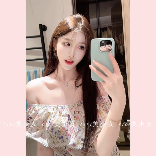【TiTi美少女】淑女手工串珠花边纯欲一字肩设计短款上衣T恤小衫 - 图0