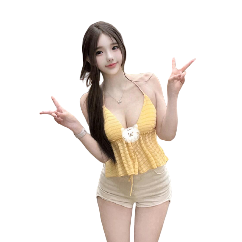 【TiTi美少女】纯欲系带露背挂脖小吊带背心女春内搭短款黄色上衣,淘宝优惠券,粉丝福利购,淘宝优惠卷