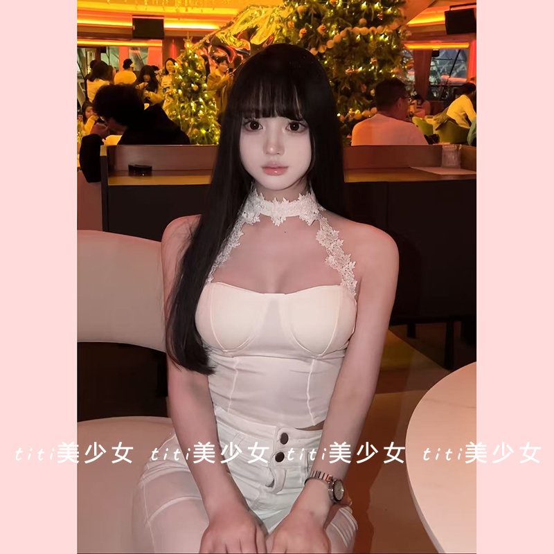 【TiTi美少女】白色蕾丝挂脖吊带背心春季性感修身上衣内搭打底衫,淘宝优惠券,粉丝福利购,淘宝优惠卷