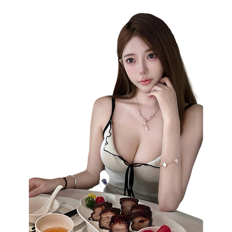 【TiTi美少女】撞色系带纯欲v领吊带女夏修身无袖背心露背上衣 - 图3