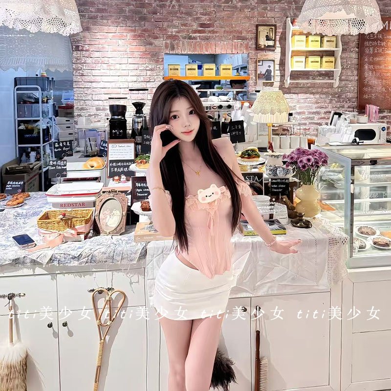 【TiTi美少女】纯欲鱼骨粉色蕾丝花边吊带辣妹挂脖性感内搭上衣,淘宝优惠券,粉丝福利购,淘宝优惠卷