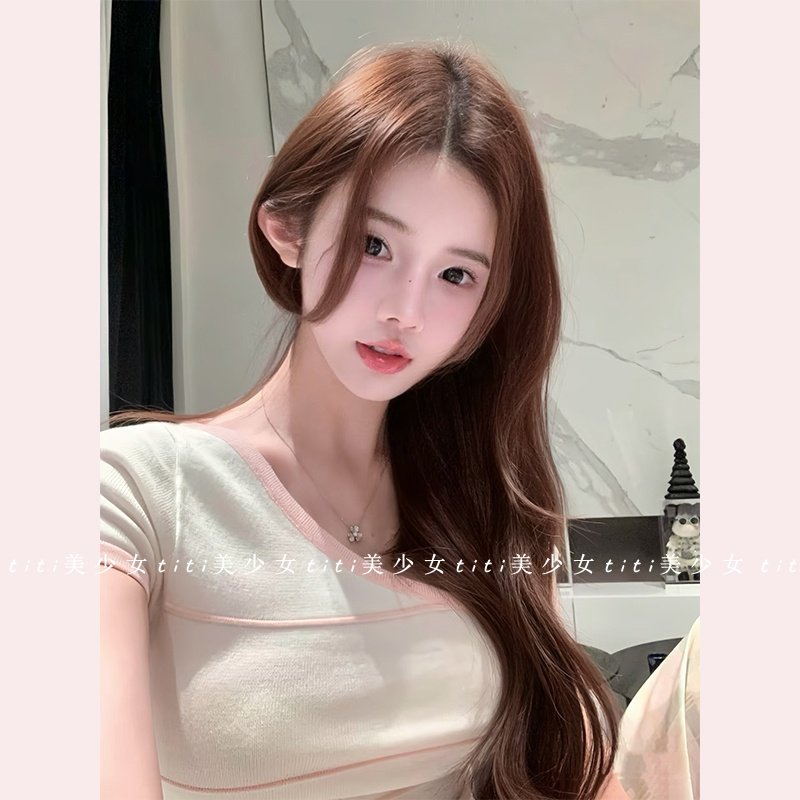 【TiTi美少女】粉色条纹斜肩针织弹力短袖上衣春季收腰显身材t恤,淘宝优惠券,粉丝福利购,淘宝优惠卷