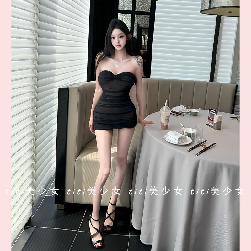 【TiTi美少女】一字肩假透肉网纱包臀裙性感褶皱收腰显瘦连衣裙,淘宝优惠券,粉丝福利购,淘宝优惠卷