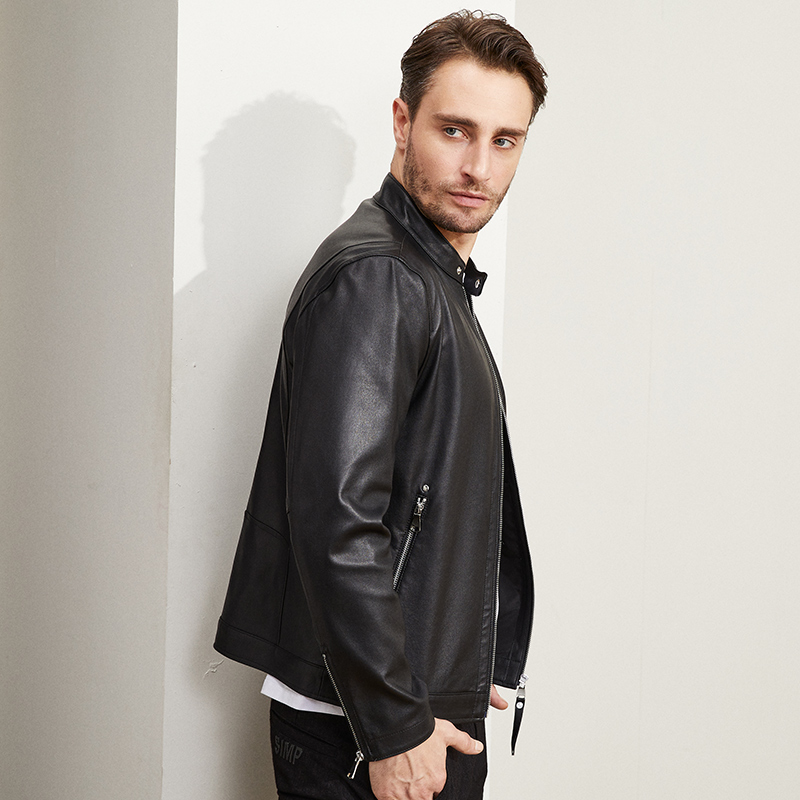 雪豹真皮皮衣男头层绵羊皮时尚潮流机车休闲弹力皮立领短夹克外套 - 图1