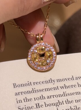 轻奢高级复古新中式黄钻金钱吊坠满钻项链八方来财精致时尚锁骨链