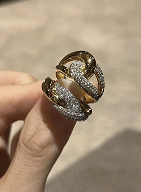 中古轻奢高级感微镶锆石缠绕交叉麻花扭纹戒宽版交织设计时尚精致