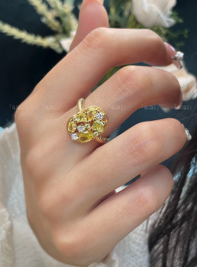 法式中古风复古不规则冰糖黄镂空戒指小众设计轻奢精致高级感指戒