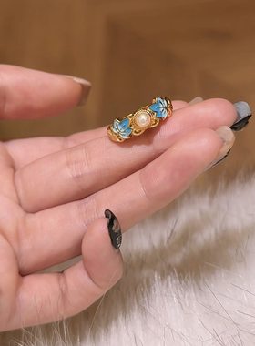 s925珍珠珐琅枫叶戒指送女友礼物