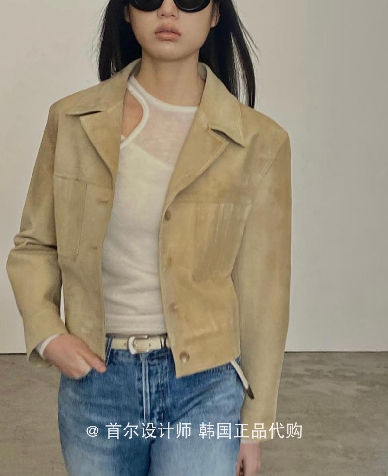LONDONFLAT韩国代购2023年春装时尚西装领口袋短款仿麂皮夹克外套-图1