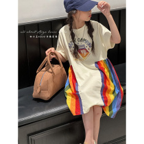 South Korean childrens clothing rainbow girls Lian dress children short sleeves skirts 2023 summer clothes new high-end girl clothes wave