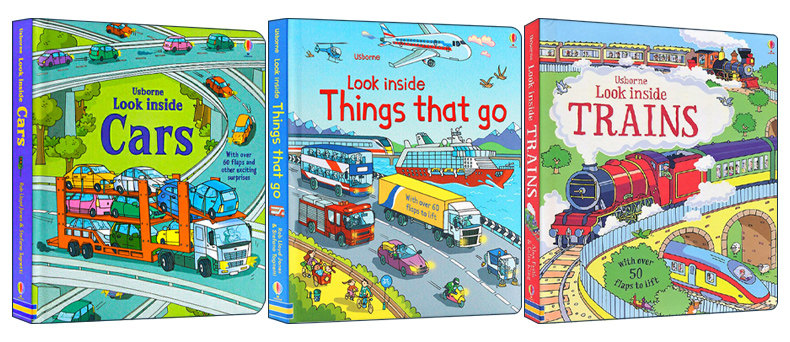 英文原版绘本 Usborne Look Inside 看里面之交通工具系列3册 纸板翻翻书 揭秘汽车/火车/交通工具 英文版 进口英语原版书籍