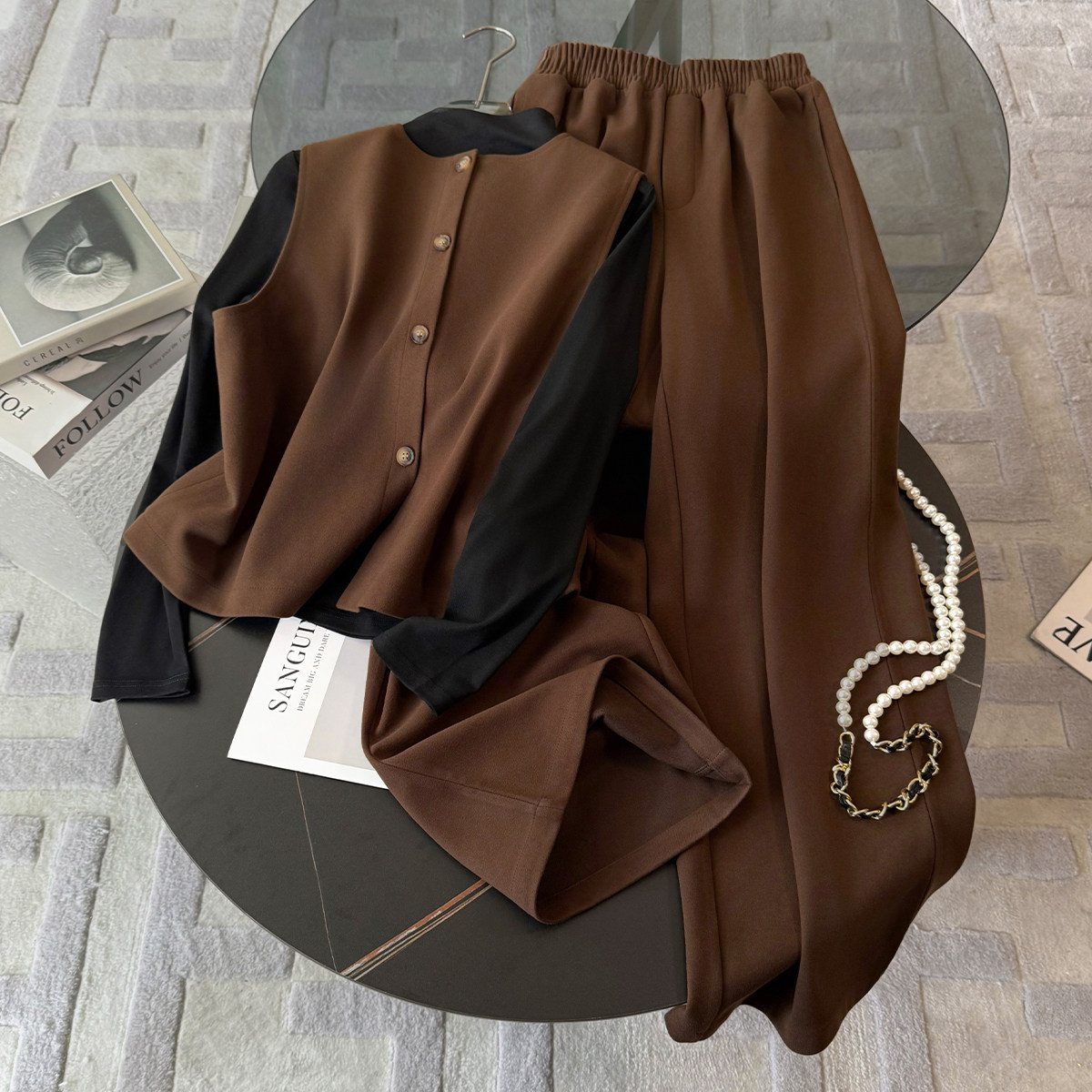 咖色复古休闲套装女秋冬季一整套穿搭高级感毛呢马甲阔腿裤三件套,淘宝优惠券,粉丝福利购,淘宝优惠卷