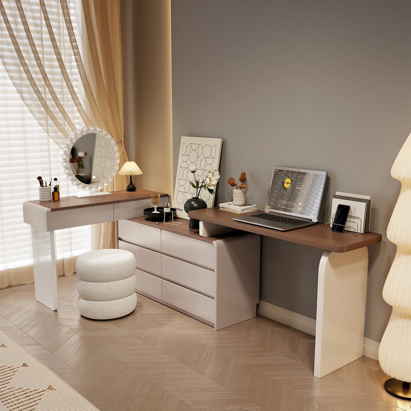 中古奶油风实木烤漆梳妆台斗柜一体化妆桌现代卧室简约储物床尾柜,淘宝优惠券,粉丝福利购,淘宝优惠卷