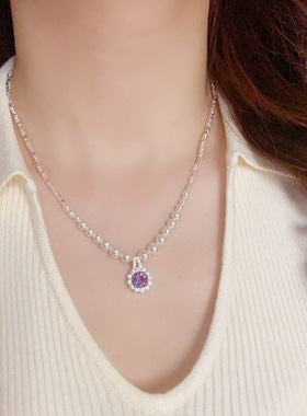 甜美气质时尚厚银紫色方钻碎银串珠项链女个性轻奢简约百搭锁骨链